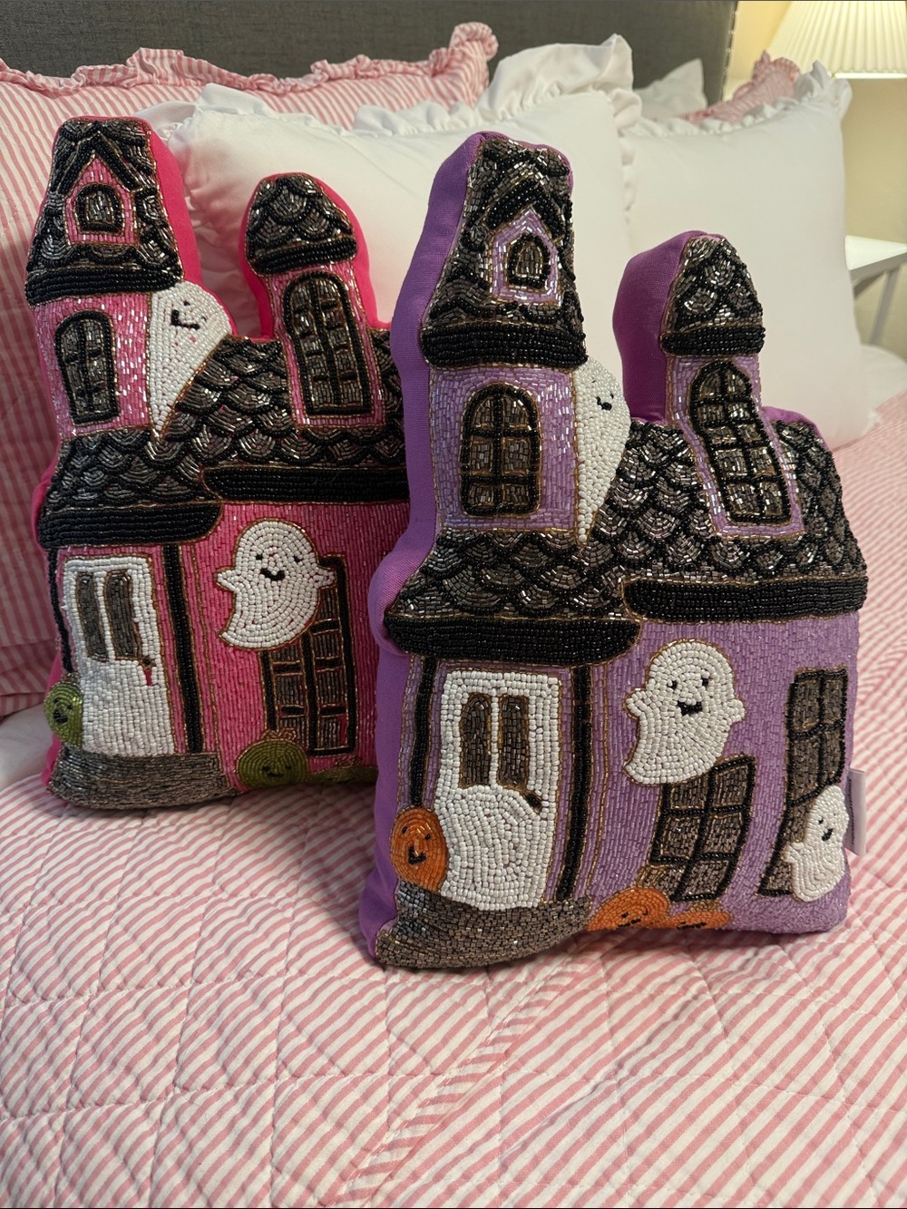 cupcakes & cashmere Beaded Haunted House Pillow in Purple and Pink (2)